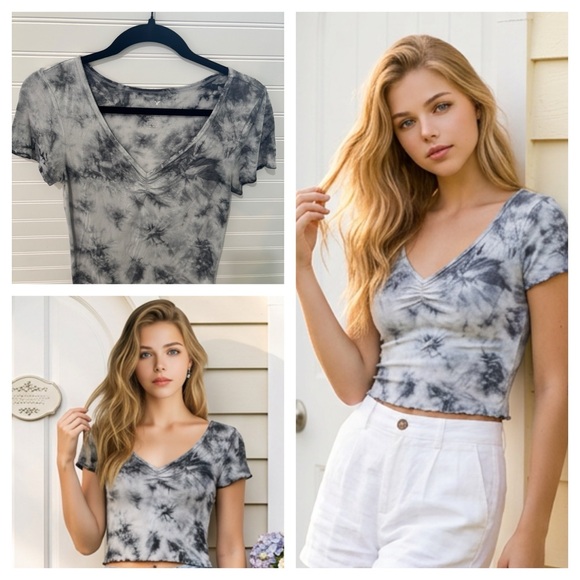 American Eagle Outfitters Black and Gray Tie-Dye Crop Top - Picture 4 of 8
